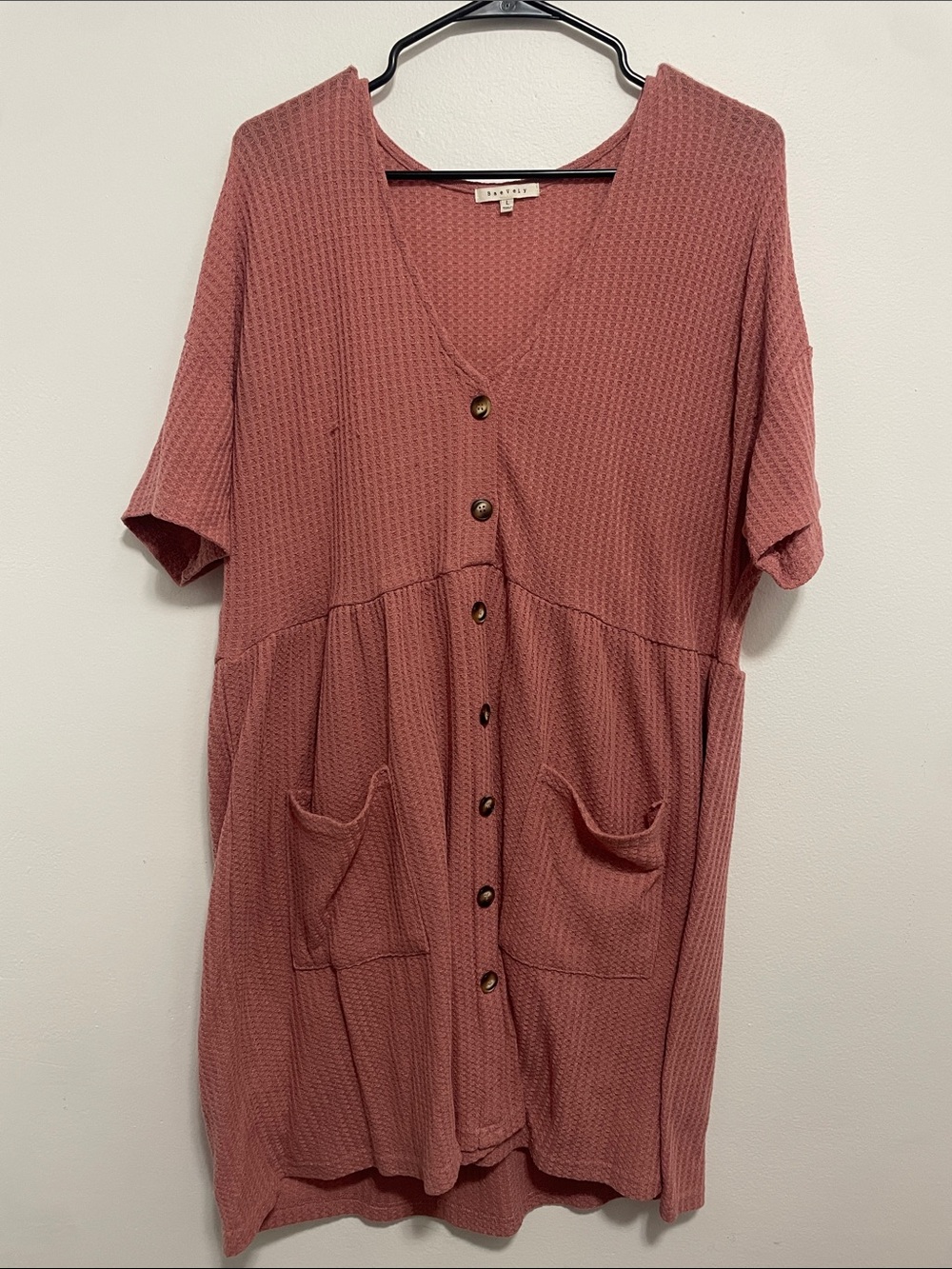 Waffle Knit Button-Front Casual Dress in Dusty Rose